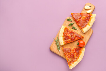 Board with slices of delicious pepperoni pizza, tomato and rosemary on lilac background