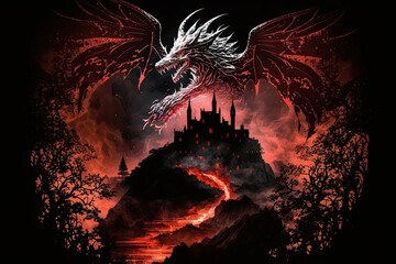 The ancient castle was engulfed in mystical flames in a stunning digital artwork depiction of a dark crimson dragon. Generative AI
