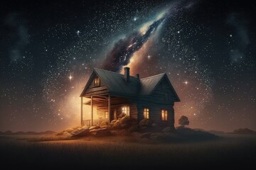 Countryside house, Milky Way stars and shooting stars. Generative AI