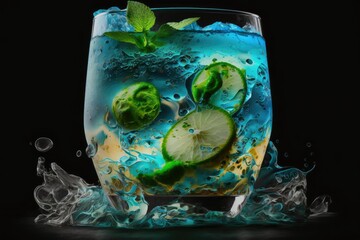 Isolated on a black background, a studio photo of a fresh mojito cocktail adorned with slime slices. Generative AI