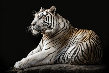 This majestic Bengal tiger appears calm and nonchalant as it lounges around like a housecat. Although in the wild they can be extremely dangerous and aggressive. Generative AI