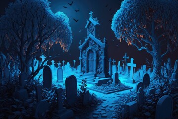 Fototapeta na wymiar Fantastic, realistic, and futuristic take on a Halloween cemetery filled with the undead at night. Computer generated (CG) artwork, concept illustrations, and realistic cartoon style scene design for