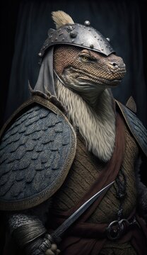 Raiding Valhalla: A Cute, Cool, and Beautiful Viking Animal Komodo Dragon Warrior's Battle on a Longship with Beautiful Stylish Designer Armor and Norse Mythology (generative AI)