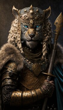 Raiding Valhalla: A Cute, Cool, and Beautiful Viking Animal Leopard Warrior's Battle on a Longship with Beautiful Stylish Designer Armor and Norse Mythology (generative AI)