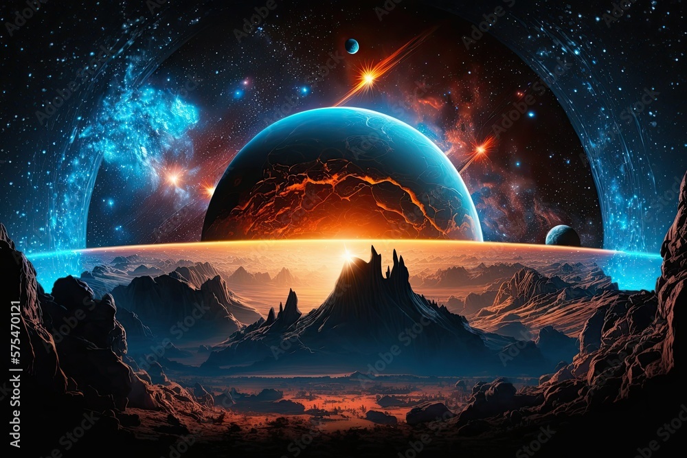 Wall mural sunrise on an abstract planet surrounded by stars. background with space. generative ai