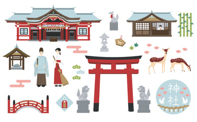 朱色の神社のイラストセット