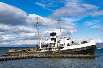 Famous Shipwreck Saint Christopher at the port of Ushuaia, Tierra del Fuego in Argentina, South...