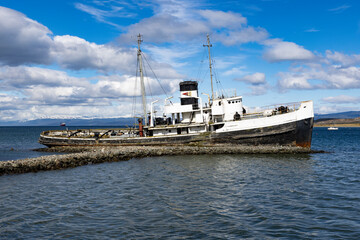 Famous Shipwreck Saint Christopher at the port of Ushuaia, Tierra del Fuego in Argentina, South...