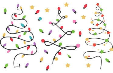 A digital illustration of a Christmas tree decorated with colorful lights, set against a white background
