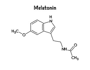 Melatonin molecular structure. Melatonin is a hormone controlling sleep-wake cycle. .Vector structural formula of chemical compound. Black pen Hand-drawn style.