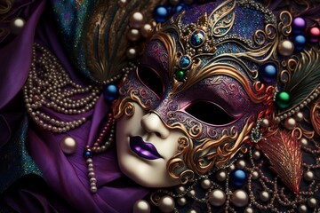 Venetian Carnival Mask and Beads Decoration: Mardi Gras Background, generative ai