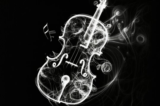 Up close of a staff with musical notes and symbols braiding the head of a violin against a black background. Create a Bokeh effect. Generative AI