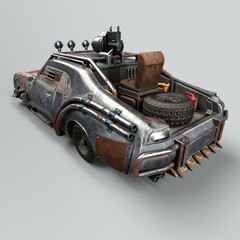 3D-illustration of a post apocalyptic car to fight zombies with weapons