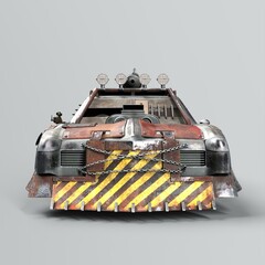 3D-illustration of a post apocalyptic car to fight zombies with weapons