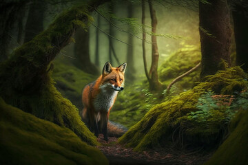 Naklejka na ściany i meble Fox in the Forest. Generative IA