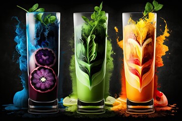 Medicinal components and vibrant colors in freshly squeezed fruit and vegetable smoothies. Healthy eating, detoxification, and related concepts. Generative AI