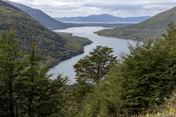 View from Paso Garibaldi near Ushuaia down to Lago Escondido in Tierra del Fuego, Argentina, South...