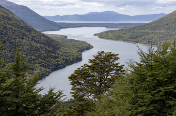 Fototapeta na wymiar View from Paso Garibaldi near Ushuaia down to Lago Escondido in Tierra del Fuego, Argentina, South America