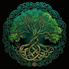 Celtic Tree of Life and Death Symbol in Vivid Emerald Colors, generative ai