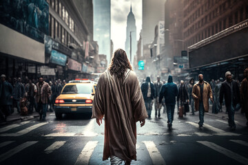 Jesus Christ walking in the city street. Generative AI - obrazy, fototapety, plakaty