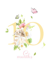 Baby milestone cards, watercolor cute bunny,duck, animals and numbers for newborn girl or boy. 1-11 months and 1 year. Baby shower nursery print. Baby month anniversary , birthday greeting card