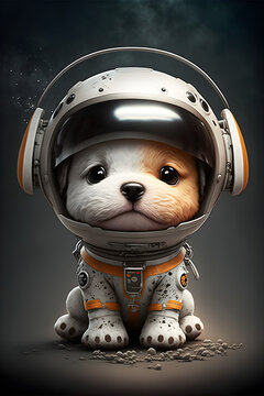 Cute astronaut dog, with visor up.  Plain gray background.  Generative AI.
