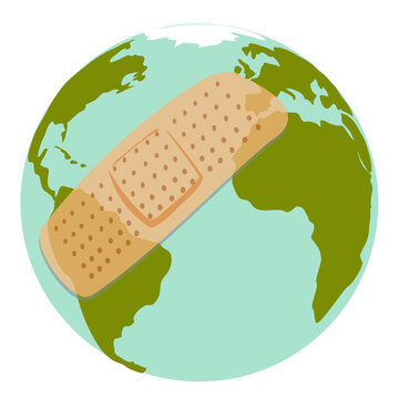 Planeta Tierra con una tirita color carne para curar las heridas de nuestro Planeta. Cuidados para hacer m&aacute;s sostenible nuestro Mundo.