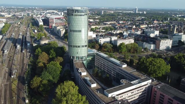 The K&ouml;lntriangle is a 103-meter-high tower in Cologne, Germany, located on the Rheinauhafen peninsula. It is a popular attraction that offers visitors panoramic views of the city and the Rhine River