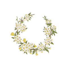 Cherry Wreath isolated on a transparent background. Vintage oval frame with spring flowers. Botanical illustration. Colorful.
