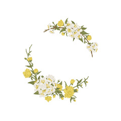 Obraz na płótnie Canvas Floral wreath with flowering branchesisolated on a transparent background. Cherries and kerria. Botanical illustration. Yellow, white and green.