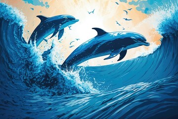 Naklejka premium Jumping bottlenose dolphins on a beautiful day in a sea of blue. Generative AI