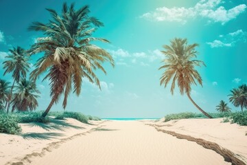 Sand and coconut trees against a blue sky. Ideas of summertime. Generative AI