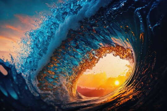 summer sunset tropical design template stunning wave of ocean water, breaking with splashes and drops as the ride comes to an end. Generative AI