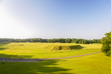 Moundville, Alabama - Native American heritage site of ancient monuments. Flat-topped earthen...