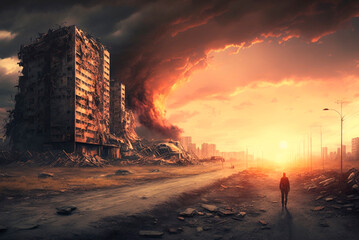 A vision of a city ablaze, with buildings engulfed in flames, in a post-apocalyptic world following a global war, generative AI.