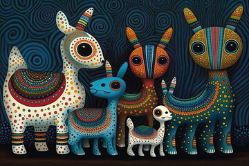 Fototapeta na wymiar brightly colored Mexican folk art of fantastical creatures whimsical illustrations