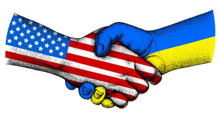 Handshake with flags of American USA and Ukraine.