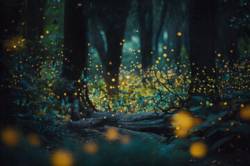 An epic forest with glowing fireflies. Generative AI