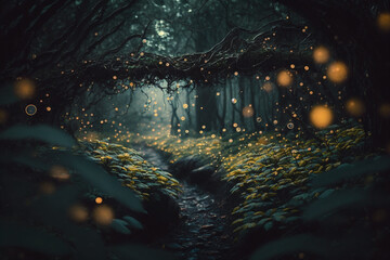 Obraz na płótnie Canvas An epic forest with glowing fireflies. Generative AI