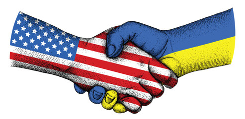 Handshake with flags of American USA and Ukraine.