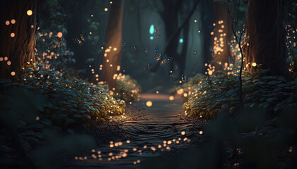 An epic forest with glowing fireflies. Generative AI