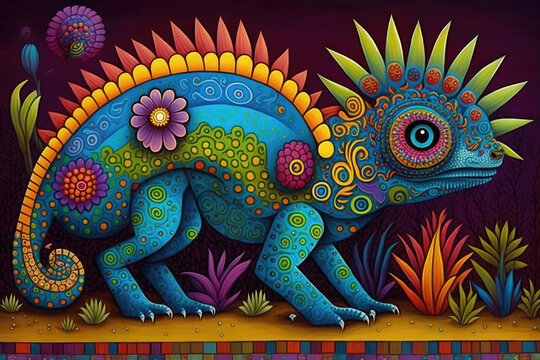 brightly colored Mexican folk art style animal paintings of fantastical creatures