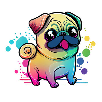 illustration of a colorful Pug dog, cartoon, cute dog, transparent background. Generative AI