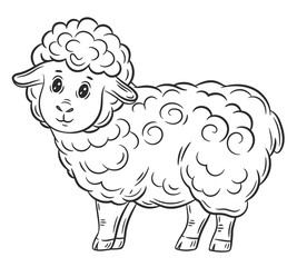Cute sheep, little lamb farming animal line icon. Funny domestic ewe. Children coloring book page. Woolly ram agriculture livestock character. Zodiac Aries. Kids education game. Outline vector drawing