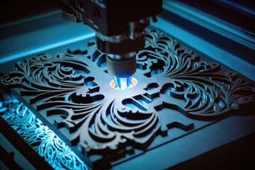 a laser cuts a pattern out of a piece of metal. Generative AI