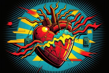 Artificial steam powered beating heart. a retro pop art illustration. Generative AI