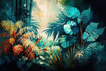 Fototapeta na wymiar Vibrant tropical plants growing in the jungle. Illustration and Background Digital Painting. Generative AI