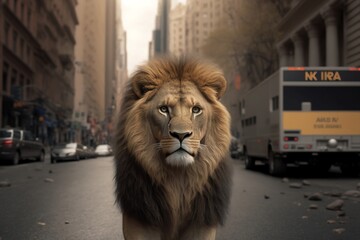 Lion walking down the street 