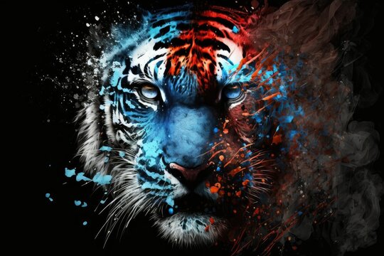 Intense focus on the tiger's face, set against a black background. Generative AI