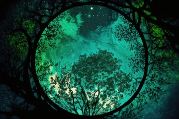 Fototapeta premium Twinkling stars and a bright full moon illuminate the night sky. The green of tree branches. Image of the night for use as a ceiling mural. Generative AI
